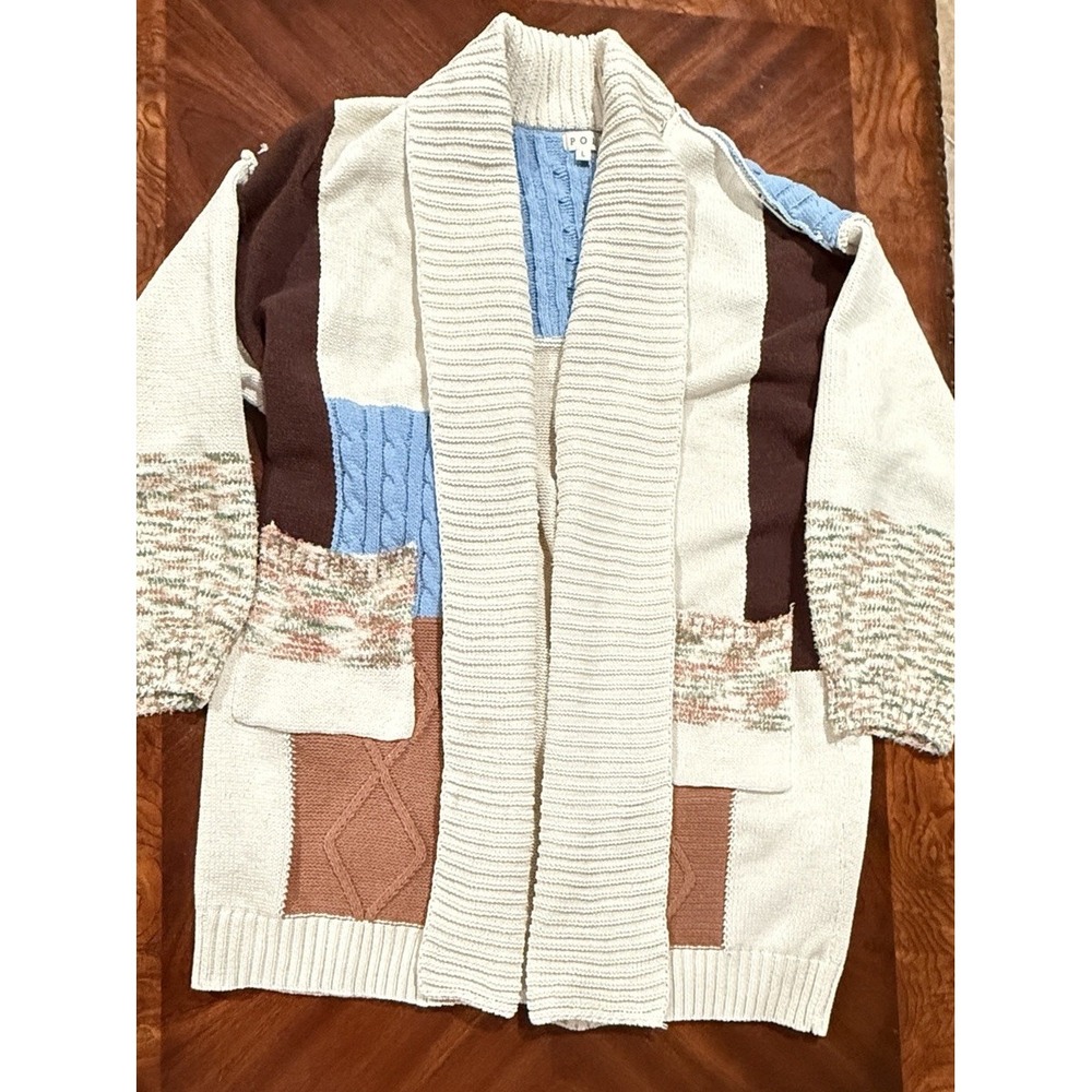 POL Patchwork Women's Cardigan Sweater Sz large Boho Colorblock Long Open Front